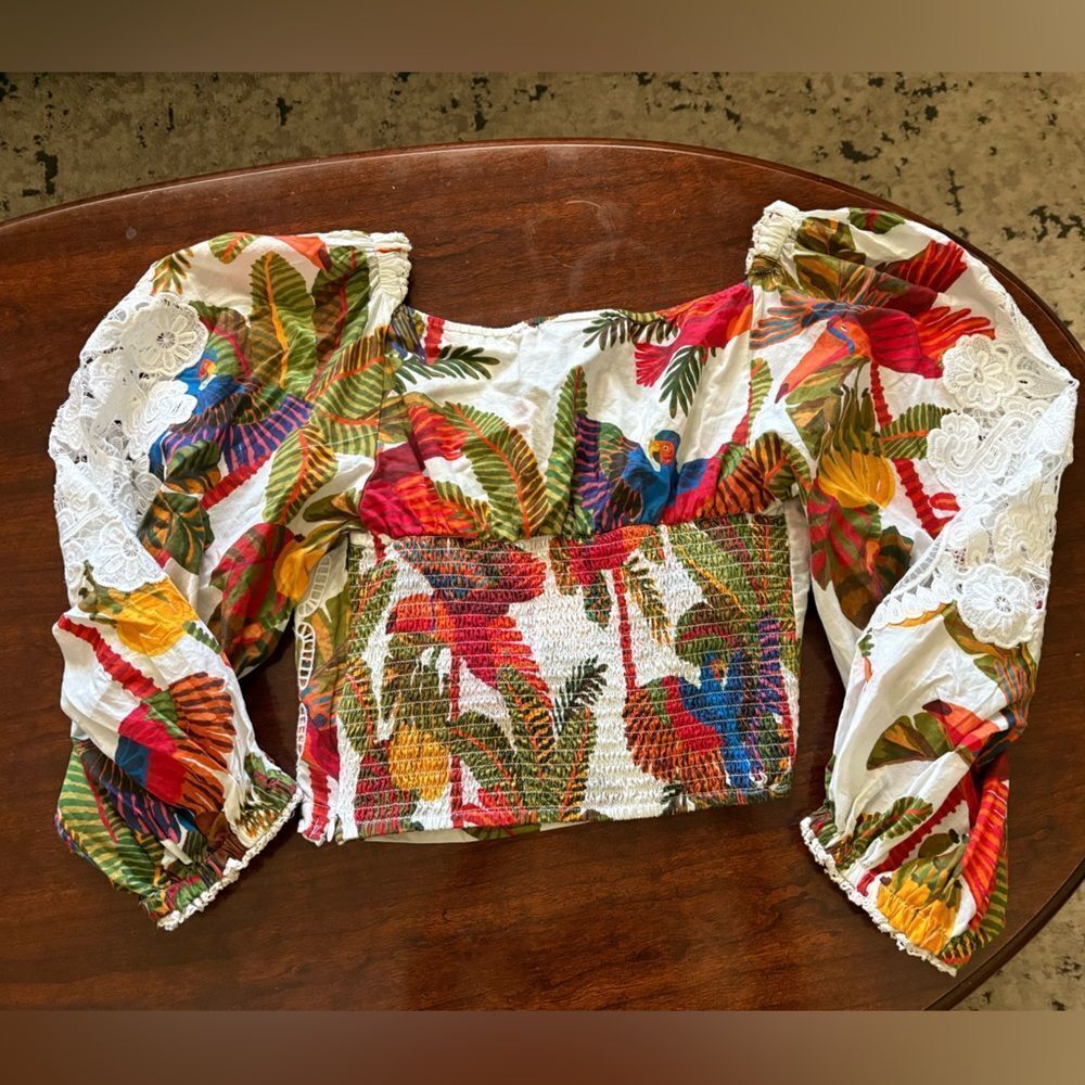 Farm Rio Forest Birds Smocked Embroidered Blouse size Small - Picture 5 of 10